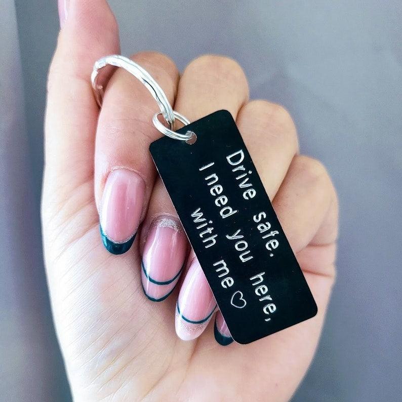 Personalized custom keychains – Drive Safe, I Need You Here with Me | Custom Engraved Couples Keychain for Husband, Boyfriend, or New Driver Gift - GiftCity