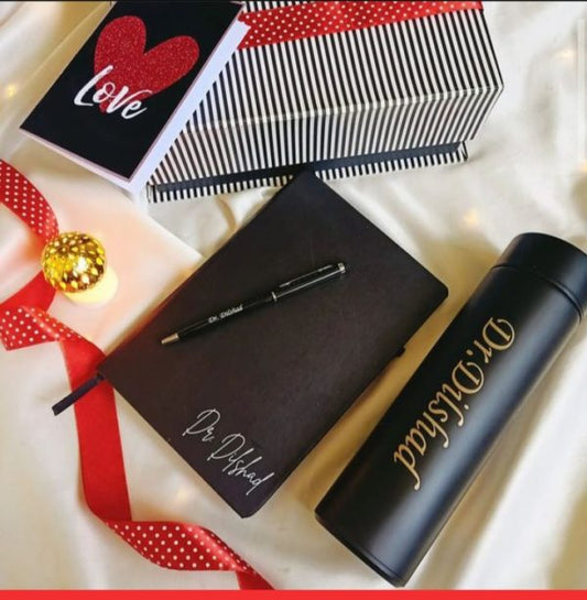Customized Diary Hard Card – With Gift Box + Customized LED Smart Water Bottle + Customized Metallic Pen – With Gift Box - GiftCity