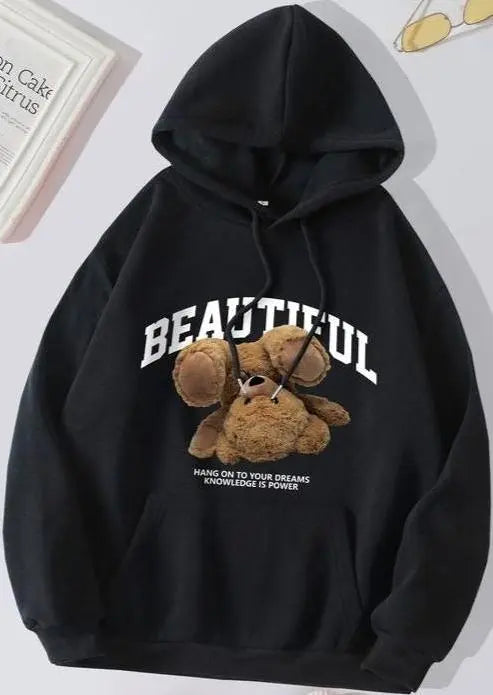 Black Beautiful Bear Printed Hoodie - GiftCity